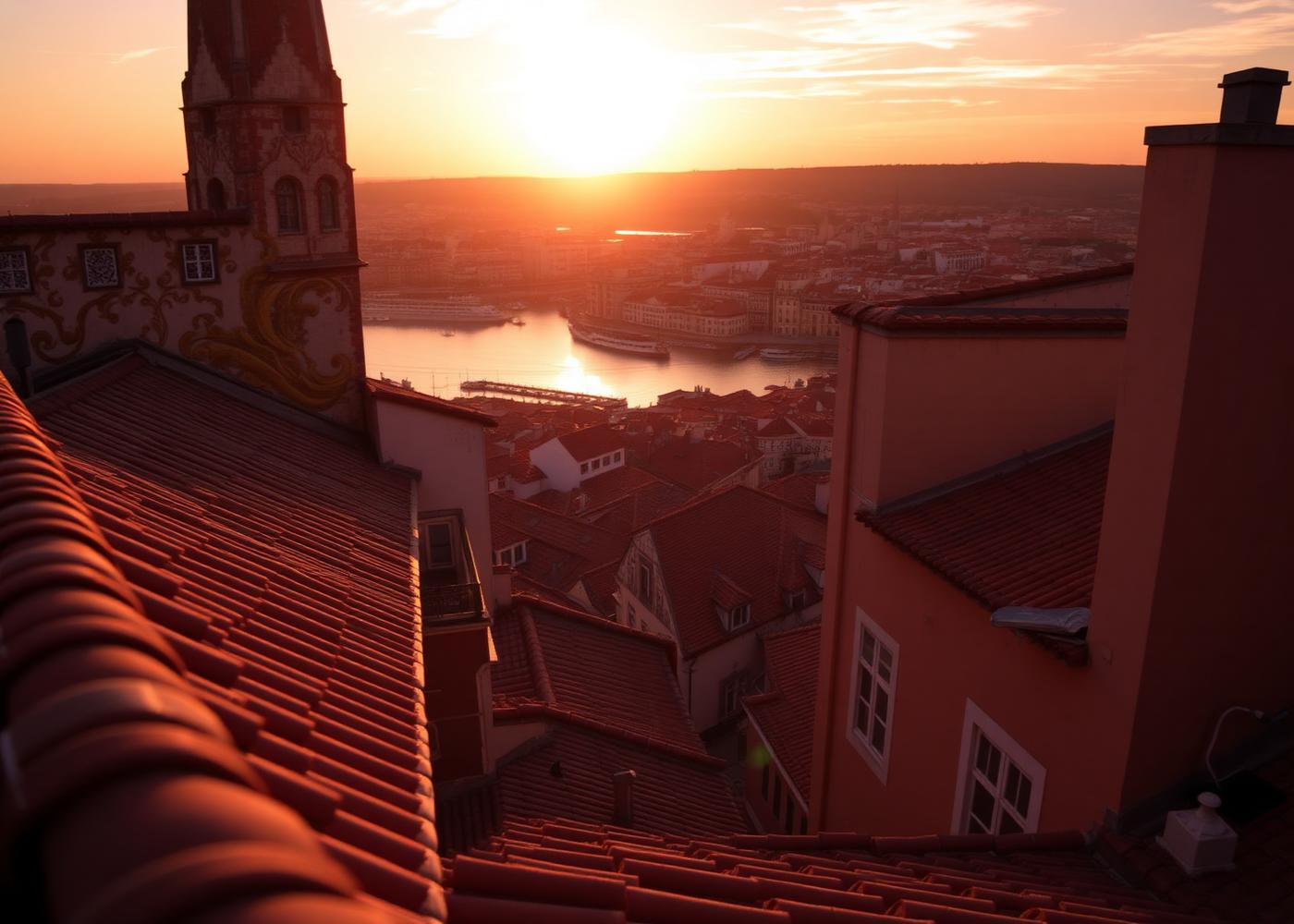 Lisbon rooftops and Tagus river at sunset